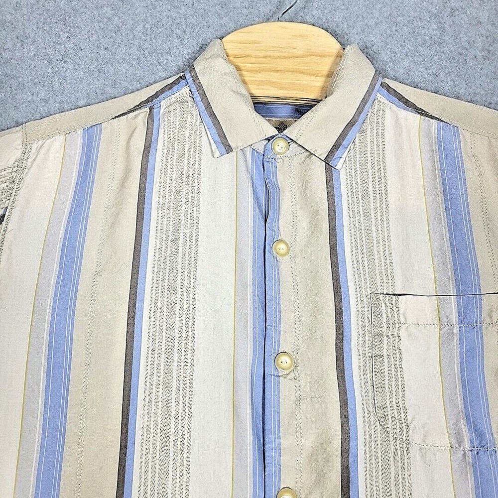 Tommy Bahama Shirt Men's Large Beige Striped Silk/Tencel Original Fit Button Up